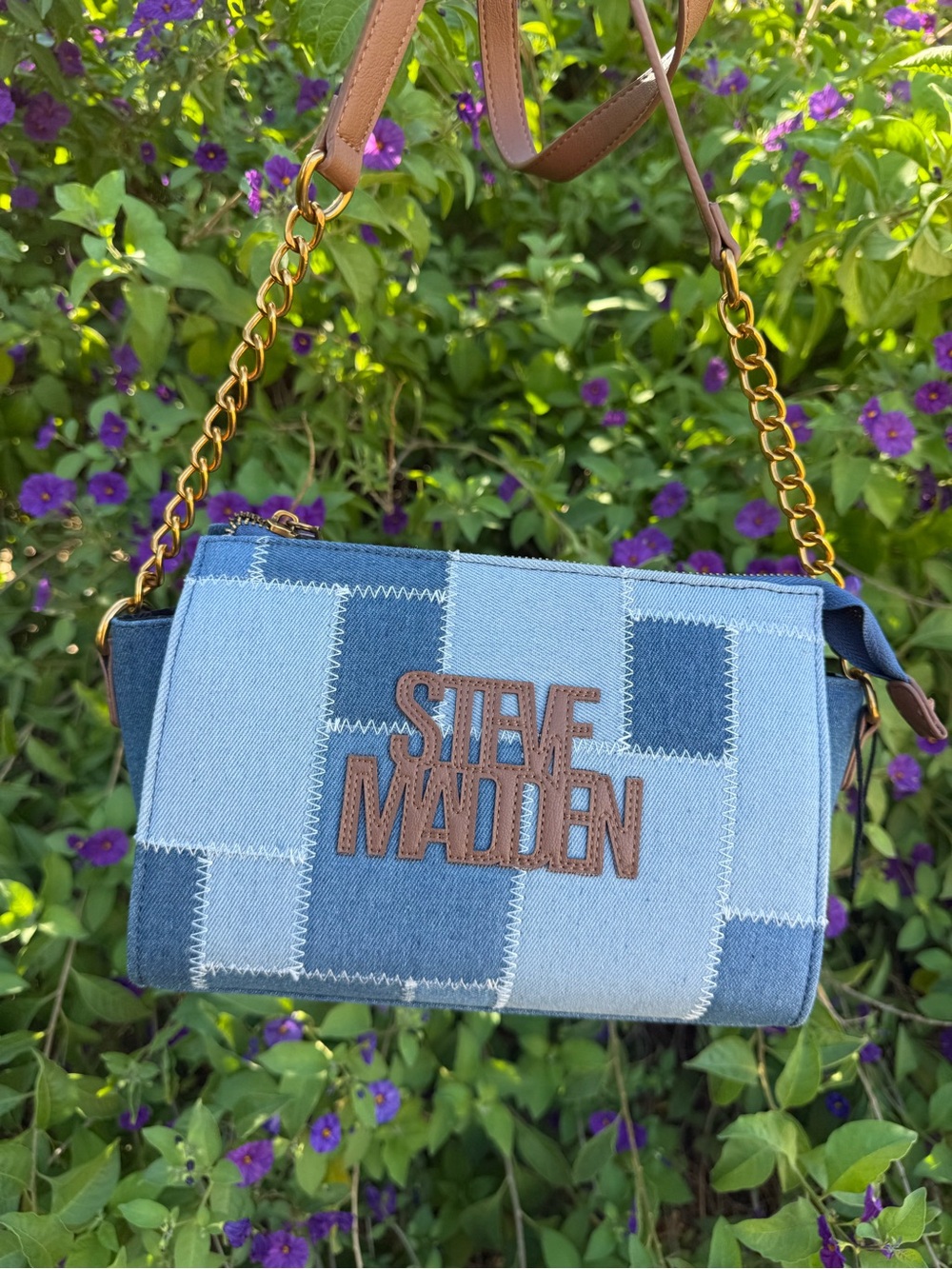 Steve Madden Denim Patch Blexi Crossbody - stitched patchwork denim panels - Picture 5 of 10
